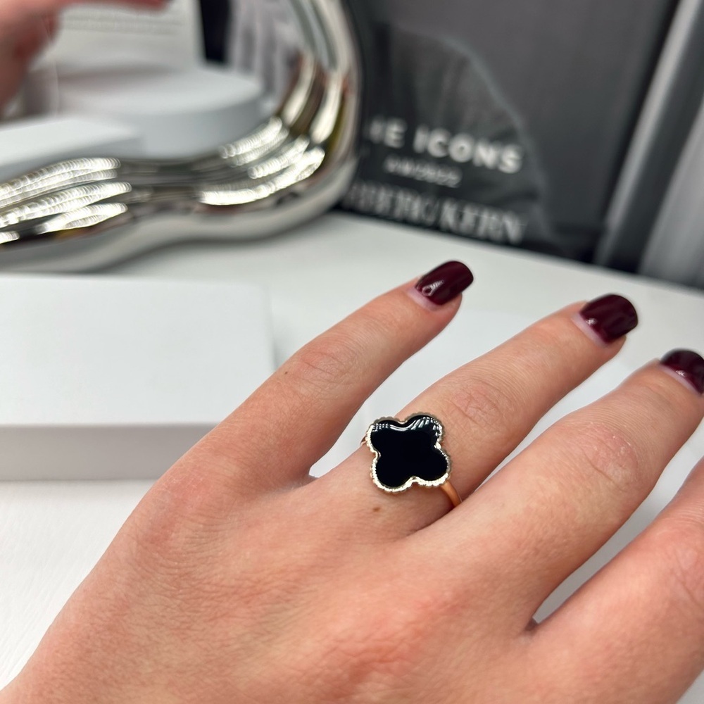 Black Enamel Clover 14K Gold Ring